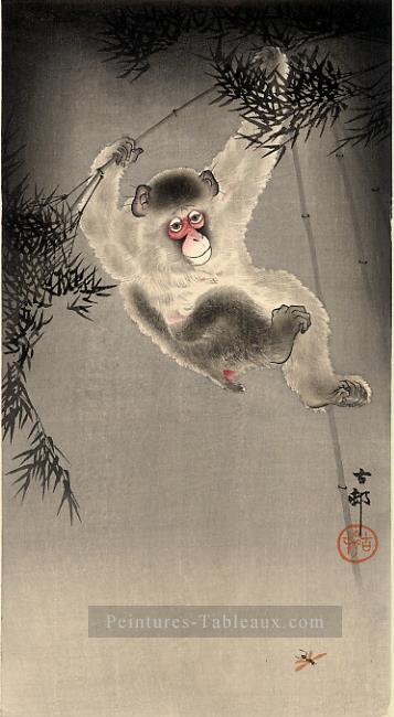 singe balançant d’une branche de bambou observant une mouche Ohara KOSON Shin Hanga Peintures à l'huile